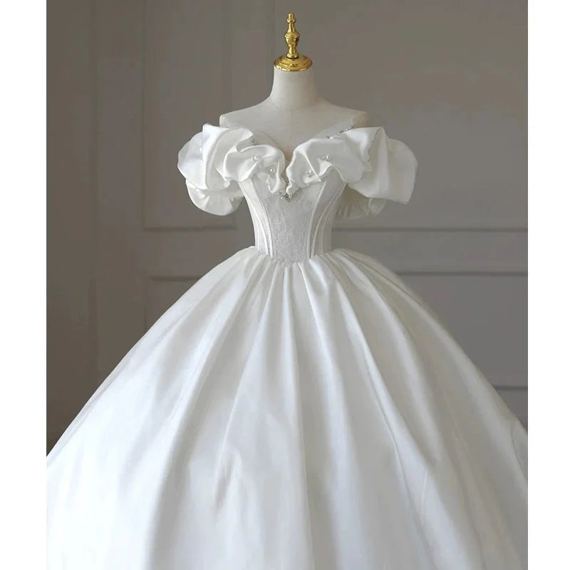 Buyishang Simple Ball Gown Off The Shoulder Short Sleeves White Satin Wedding Dresses With Beads dress for wedding